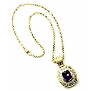 David Yurman Cable 18k Yellow Gold Amethyst Diamond Large Pendant Chain Necklace
